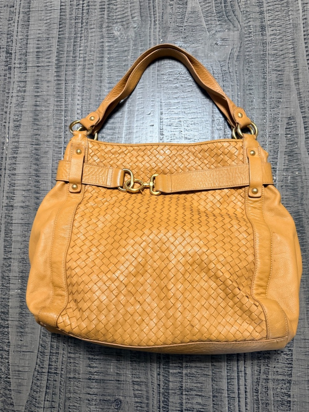Liz Claiborne Leather Woven Shoulder Bag in Caramel Tan with Gold Hardware